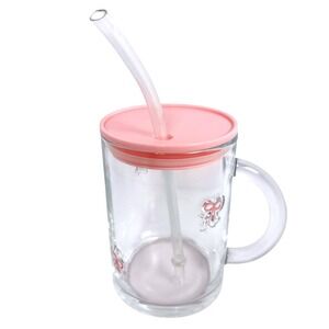 Room Essentials Pink Bow Glass Sipper Mug With Straw 16oz New‎